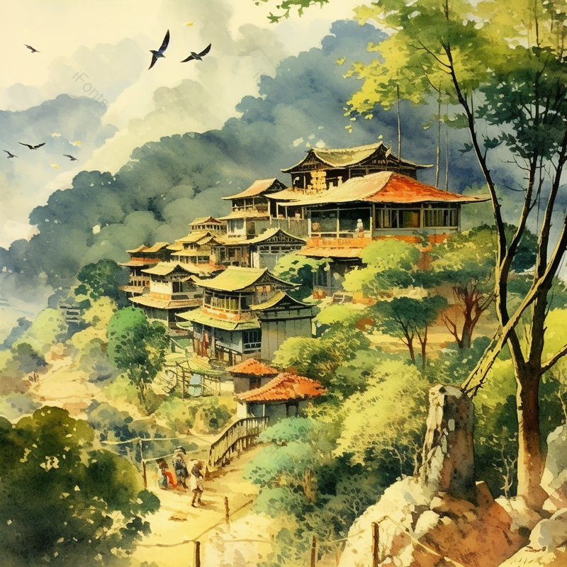 国风宁静的乡间古宅建筑写实水墨插画,插画/手绘图,插画/手绘图库,插画/手绘图下载,插画/手绘